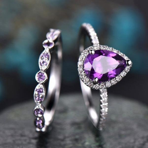 Ring 925 Silber, Lila Kristall Stein, Damen, 2 Stück Set - Bild 1