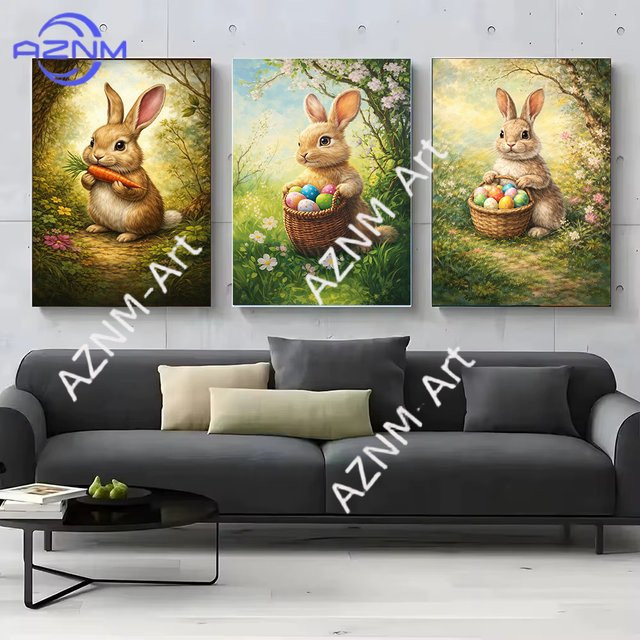 KAYOU Leinwandkunst Hase mit Blumen im Korb als Frühlings- und Osterdekoration in Mehrfarbig - Bild 1