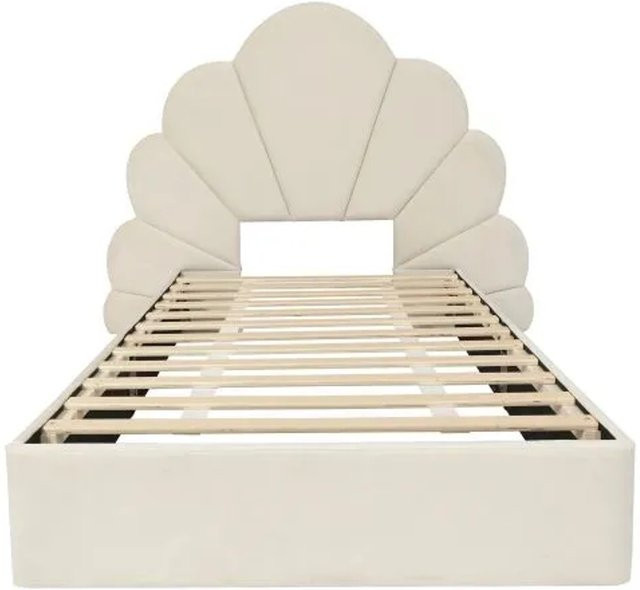 KOMHTOM Gepolstertes Einzelbett aus Samt mit geschwungenem Blütenblatt-Kopfteil in Beige, B/T/H: 90 x 200 x 103 cm - Bild 1