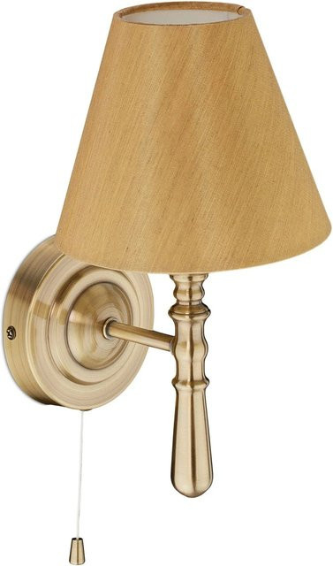 Relaxdays Wandlampe mit Kunstseide-Schirm in Messing und Beige mit Zugschalter, B/H/T: 28 x 16 x 19 cm - Bild 1