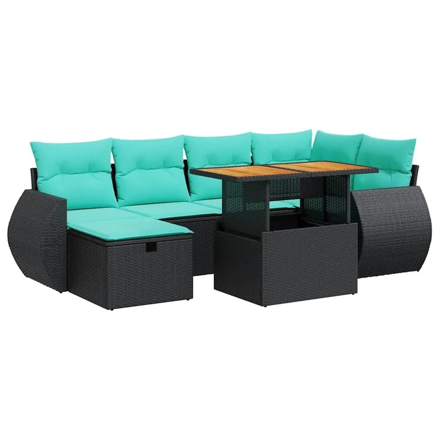 vidaXL 7-teilige Garten-Sofagarnitur in L-Form aus Polyrattan und Akazie mit Kissen in Grau - Bild 2