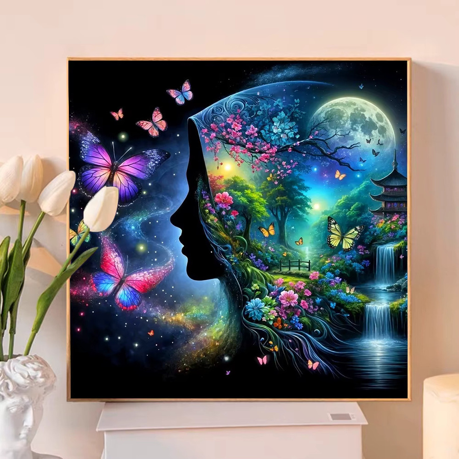 Huacan Diamantmalerei Set mit Porträt einer Frau in einer Wasserfall-Landschaft, Multicolour, Wanddekoration - Bild 3