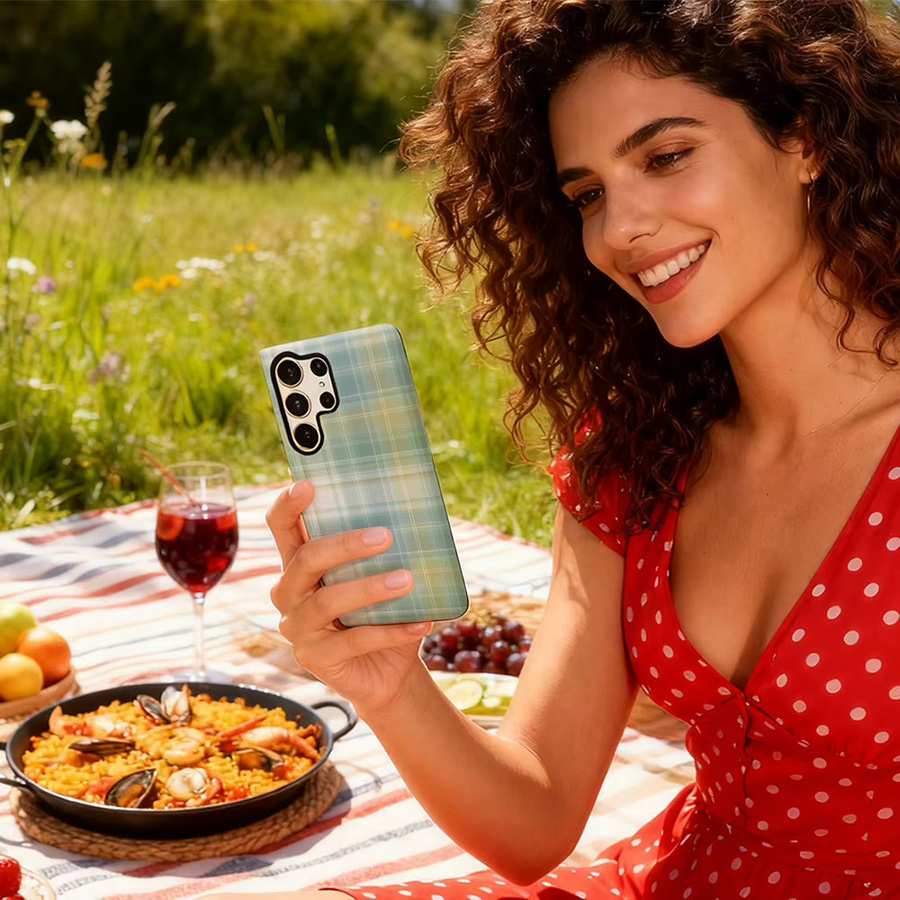 Potdemiel Handyhülle mit grünem Pastell-Karomuster und glänzender doppellagiger Rückseite für Samsung Galaxy S25 Ultra, S24 und S23 Ultra Plus - Bild 5