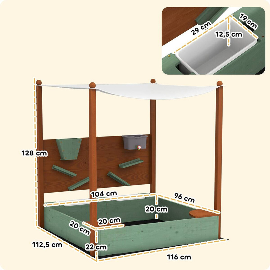 AIYAPLAY Sandkasten aus Holz mit Dach und Sitzfläche in Grün und Braun, B/H/L: 116 x 128 x 112,5 cm - Bild 7