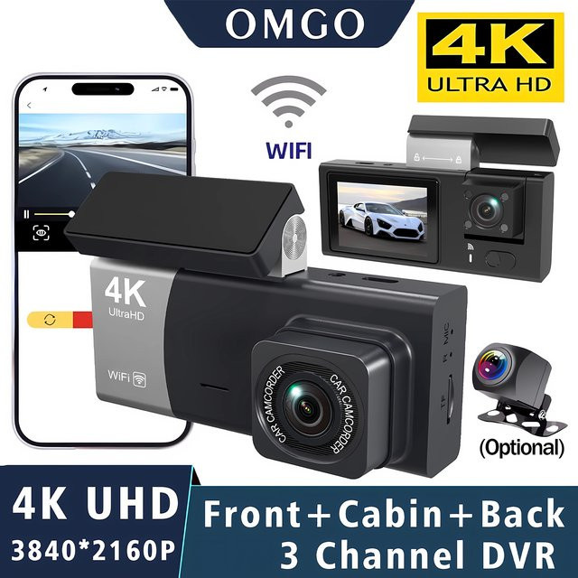 OMGO 3-Kanal 4K DashCam mit Wifi, Front- und Rückfahrkamera sowie 24H Parküberwachung, Schwarz - Bild 1