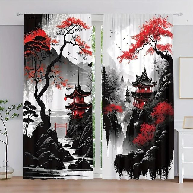 2er-Set Vorhänge mit chinesischem Berg-Landschaftsmotiv von Yiran Furniture, Digitaldruck Dekorschals für Wohnzimmer und Schlafzimmer, B: 50 cm, H: 160 cm - Bild 1