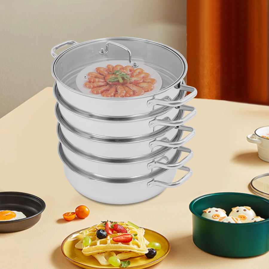 Bymaocar 5-stufiger Dampfkocher aus Edelstahl in Silber, 32 cm Dampftopf mit 4 Dampftabletts und Deckel für Fleisch und Gemüse - Bild 4