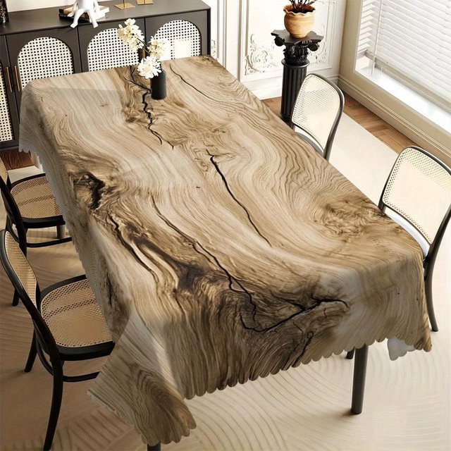Schmutzabweisende Tischdecke von JINGYUE Pet mit Holzdruck und Muschelsaum in Beige, B/T: 90 x 140 cm - Bild 1