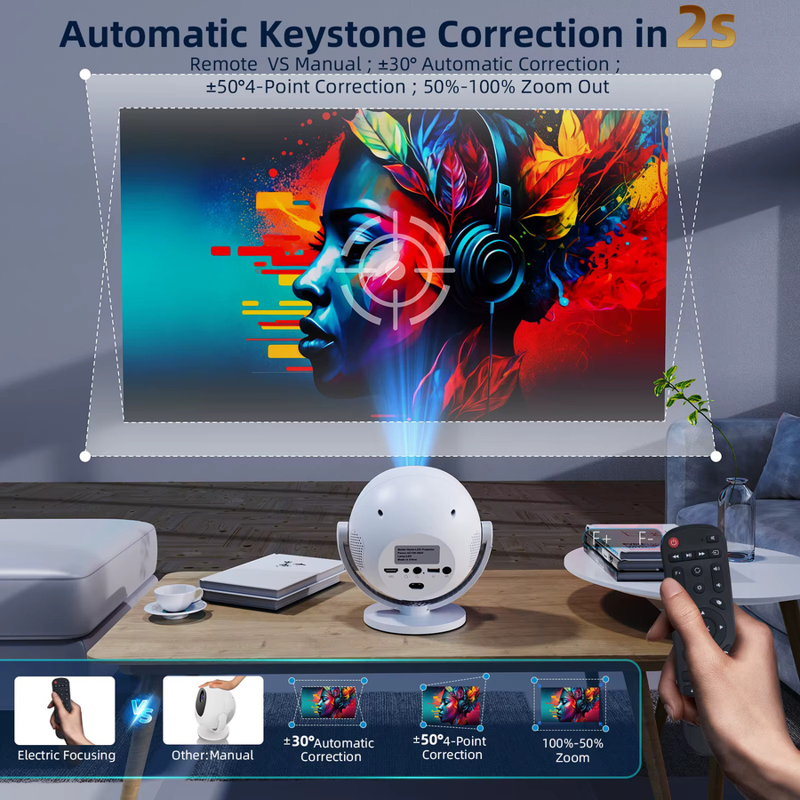 XBJ Mini-Projektor HD mit 300 ANSI LED, Bluetooth 6.0, automatischer Keystone-Korrektur, HDMI und USB in Weiß - Bild 3