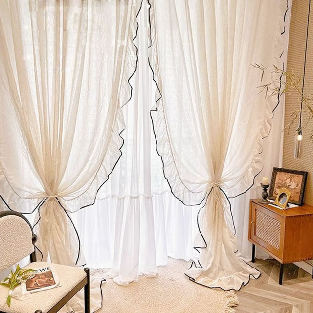 Tiyana Vorhang aus Tüll und Spitze im Vintage-Stil, beige mit schwarzem Rand, transparent, B: 160 cm, H: 100 cm - Bild 1