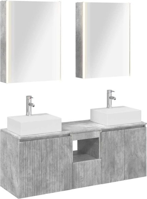 vidaXL Badezimmerschrank-Set 5-teilig in Betongrau, modern, mit LED-Beleuchtung und Spiegelschrank, MDF - Bild 1