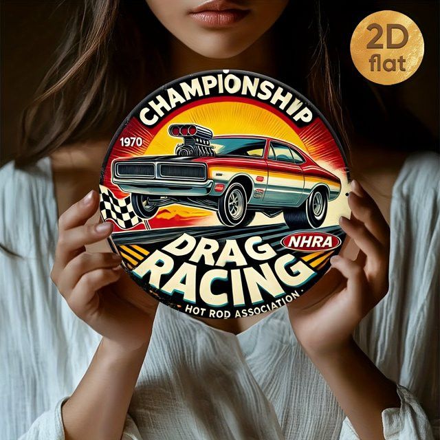 Vintage NHRA Drag Racing Wanddekoration von Potdemiel, runde Aluminiumplatte mit Hot-Rod-Design und kariertem Muster, Durchmesser: 19,99 cm - Bild 1