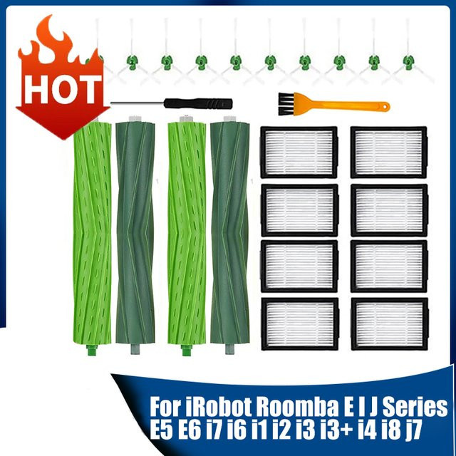 Ersatzteil-Set für iRobot Roomba E I J Serie: Gummi-Seitenbürsten, Filter und Staubbeutel kompatibel mit E5 E6 I7 I6 I1 I2 I3 i3+ I4 I8 J7 - Bild 1