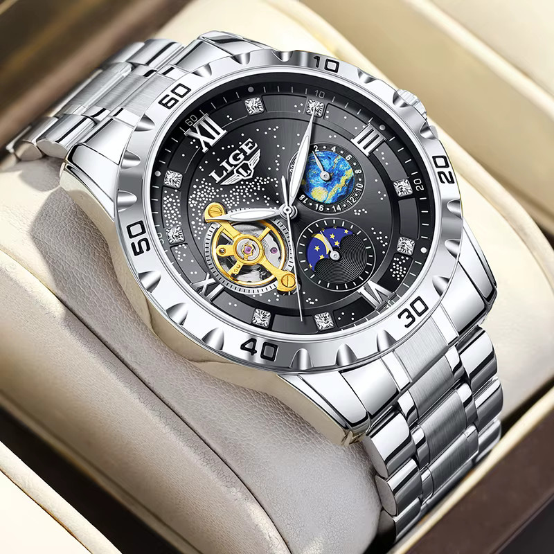 LIGE Armbanduhr Automatik, Edelstahl, Schwarz, Silber, Herren - Bild 5