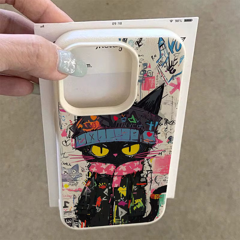 Handyhülle mit Graffiti-Katze-Lychee-Muster für Apple iPhone 17 16 15 Pro Max Plus Serien in Beige und Multicolour - Bild 4