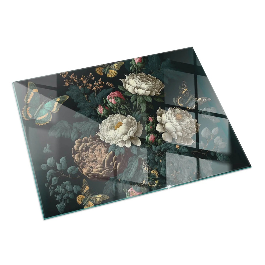 Tulup Kamin Glasplatte mit Schmetterlings-Blumenmuster in Grün, B/T: 120 x 80 cm - Bild 2