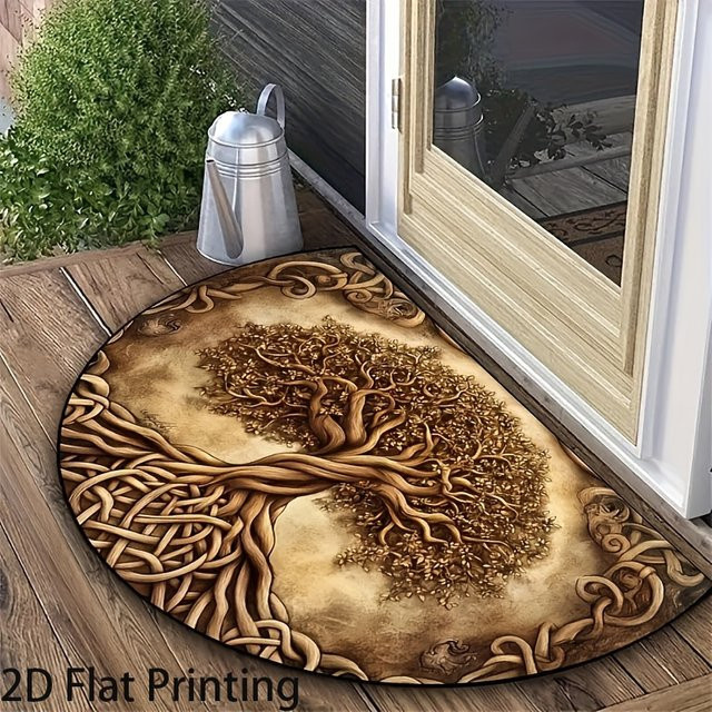 VIKAMA Willkommensmatte mit Baum des Lebens-Motiv in Braun, rutschfeste halbkreisförmige Fußmatte im Boho-Design, Breite: 60,0 cm, Tiefe: 40,0 cm - Bild 1