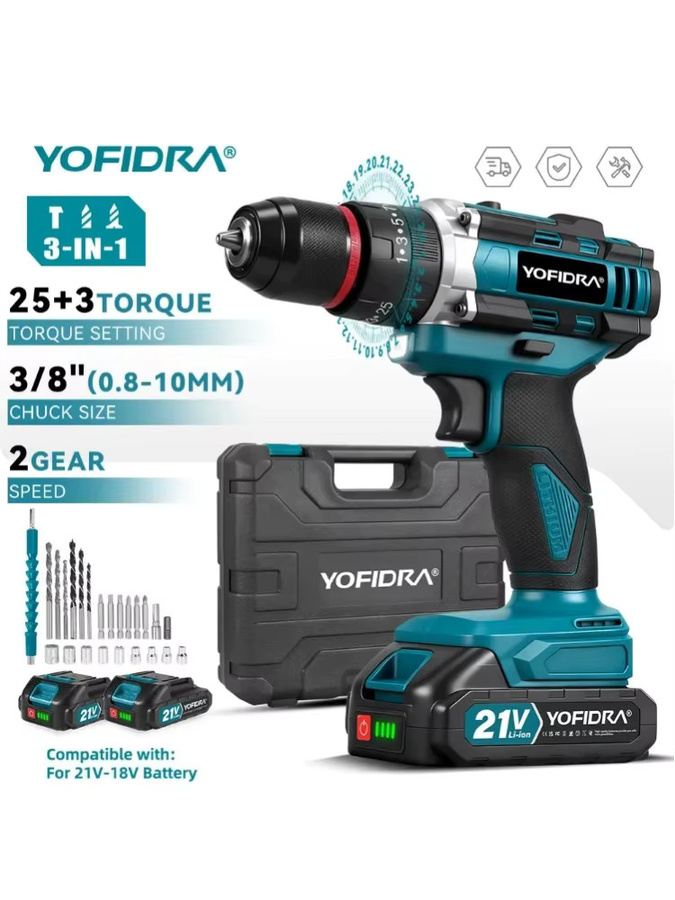 YOFIDRA 3-in-1 Akku-Schlagbohrmaschine mit 25+3 Drehmomentstufen für Makita 18-21V Akkus - Bild 8