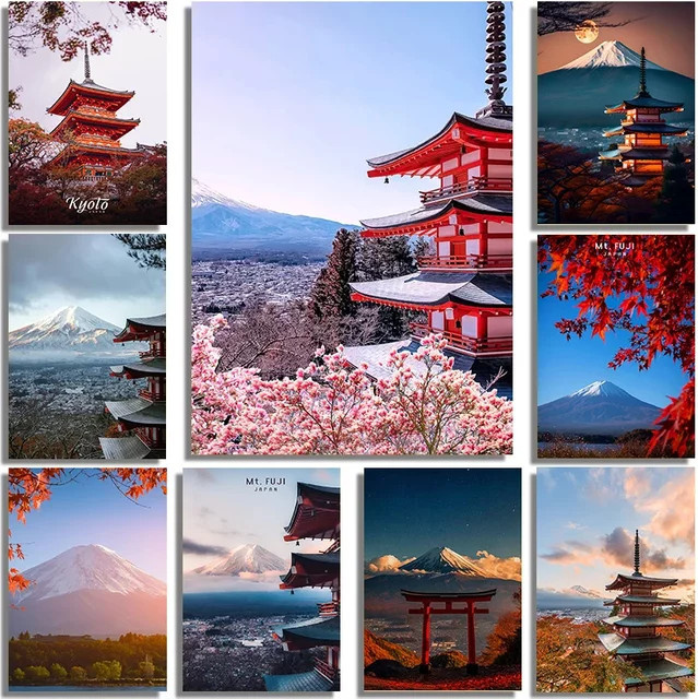 Potdemiel Leinwandposter Japanische Landschaft mit Mount Fuji, Kirschblüten und Tempel in Mehrfarben - Bild 1
