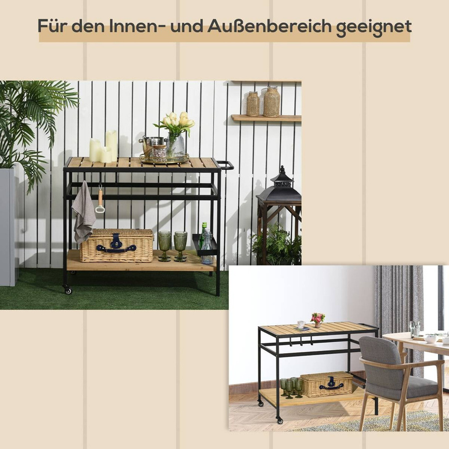 Outsunny Servierwagen Barbecue Trolley aus Massivholz und Stahl in Natur mit 2 Regalen und Haken, B/T/H: 65 x 107 x 80 cm - Bild 5