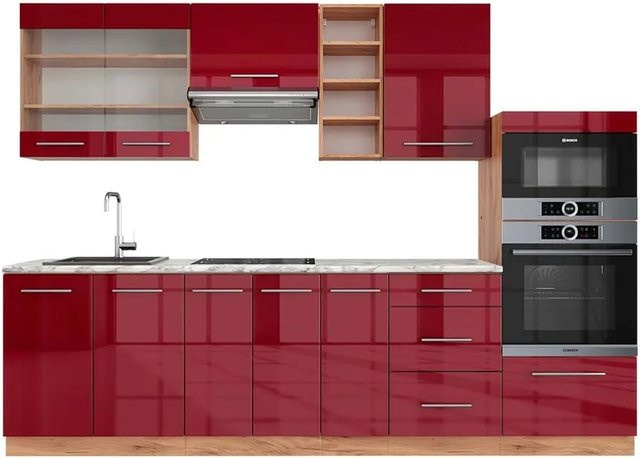 Vicco Fame-Line Küchenzeile Bordeaux Hochglanz und Goldkraft Eiche mit Marmor-Optik, Breite: 280 cm - Bild 1