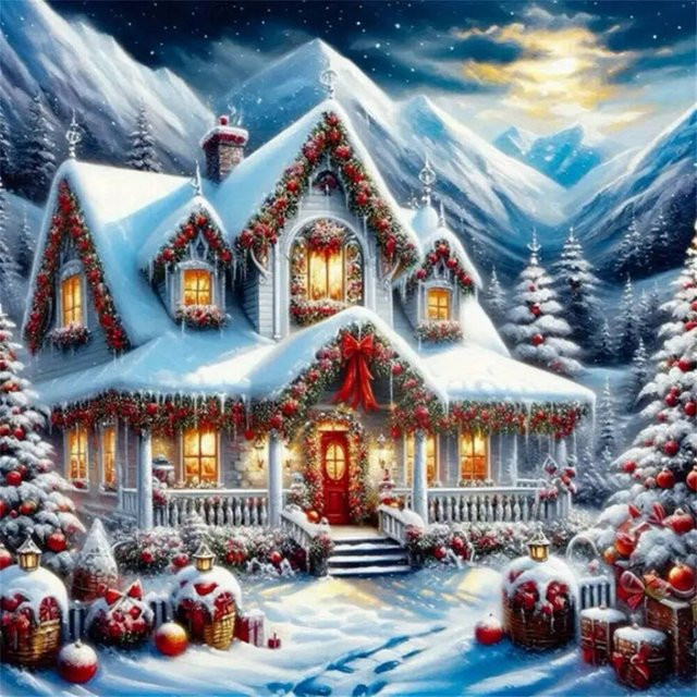 YUTTEE Diamantmalerei Winterlandschaft mit Haus und Bäumen als DIY Mosaik-Set für Erwachsene, Mehrfarbig - Bild 1