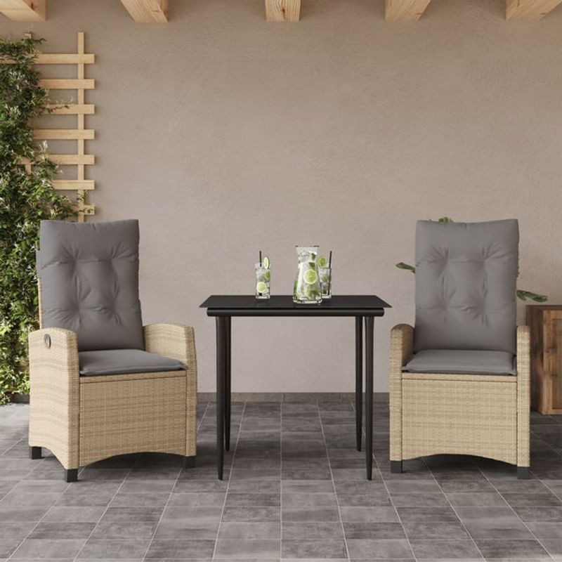 Vidaxl 3-teiliges Gartenmöbel-Set aus Rattan mit Kissen und Glastisch in Beige - Bild 1