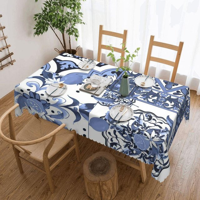 Rechteckige Tischdecke JINGYUE Pet mit sizilianischem Majolika-Zitronen-Design, blau, ölabweisend, B/T: 137 x 183 cm - Bild 1