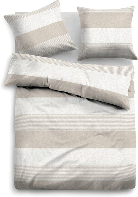 Tom Tailor Bettwäsche aus Baumwoll-Flanell mit Grafikmuster in Beige und Braun, Set bestehend aus Bettbezug und Kissenbezug, B/H: 155 x 220 cm, Kissen: 80 x 80 cm - Bild 1