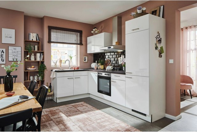 pino Eckküche Weiß Hochglanz mit Arbeitsplatte Pietra Grey, Anschlag rechts - Bild 1