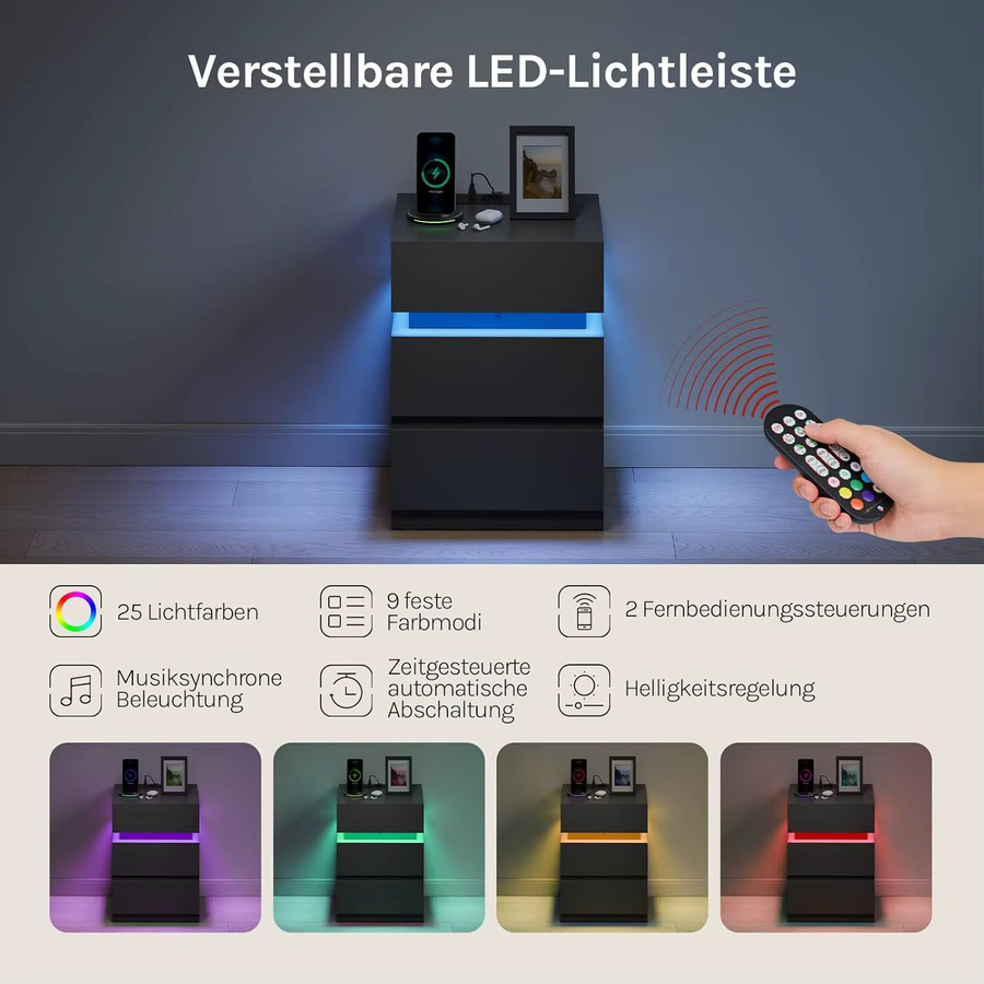 WOLTU Nachttisch in Weiß/Schwarz mit LED-Beleuchtung, 2 Schubladen und USB-Ladefunktion, moderner Beistelltisch für dein Schlafzimmer - Bild 2