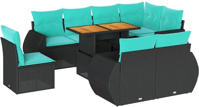 vidaXL 9-teilige Garten-Sofagarnitur in L-Form aus Poly-Rattan und pulverbeschichtetem Stahl mit blauen Kissen in Schwarz - Bild 1