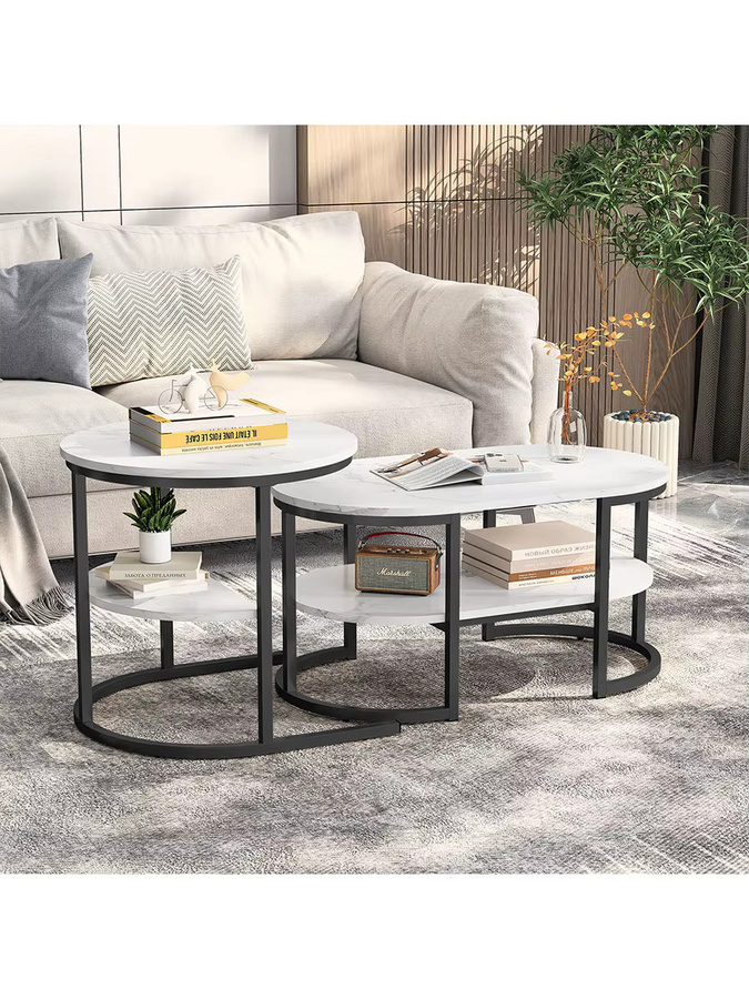 Superaly Couchtisch-Set mit 2 Tischen in Marmor-Optik, moderner 2-in-1 Sofatisch mit Stauraum, rund und oval, Schwarz und Weiß - Bild 6