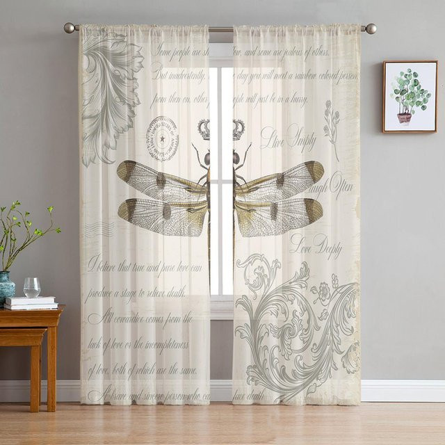Transparenter Tüllvorhang mit Aquarellblumen und Libellen-Motiv in Beige, Chiffon-Fensterdekoration mit Ösen, Breite: 100 cm, Höhe: 250 cm - Bild 1