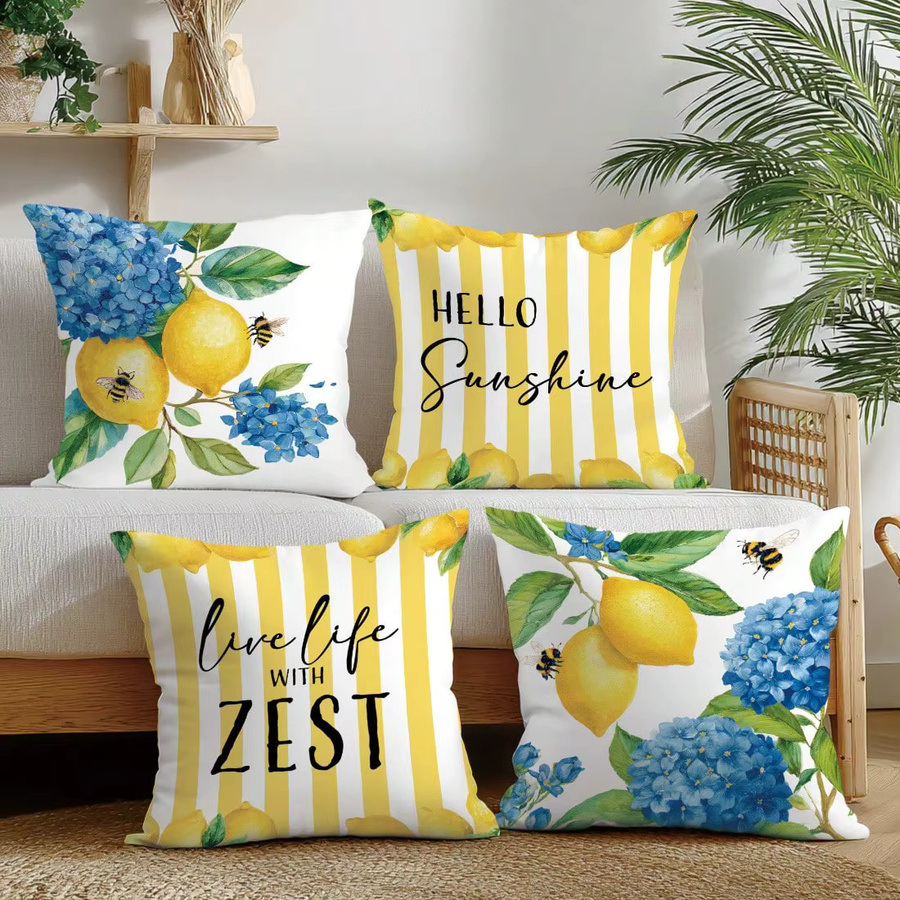 4er-Set KTKA Kissenbezüge mit Zitronen- und Bienenmuster in Gelb und Multicolour, quadratisch, aus Polyester, B/H: 45 x 45 cm - Bild 3