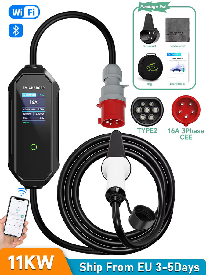 AFEEV Tragbares Typ 2 EV-Ladegerät 11 kW 16 A 3 Phasen mit WIFI APP und Bluetooth-Steuerung in Schwarz - Bild 7