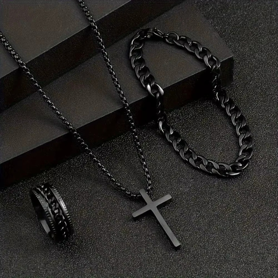 Schmuck-Set Edelstahl, Kreuz Anhänger, Halskette, Armband, Ring, Schwarz, Herren - Bild 2