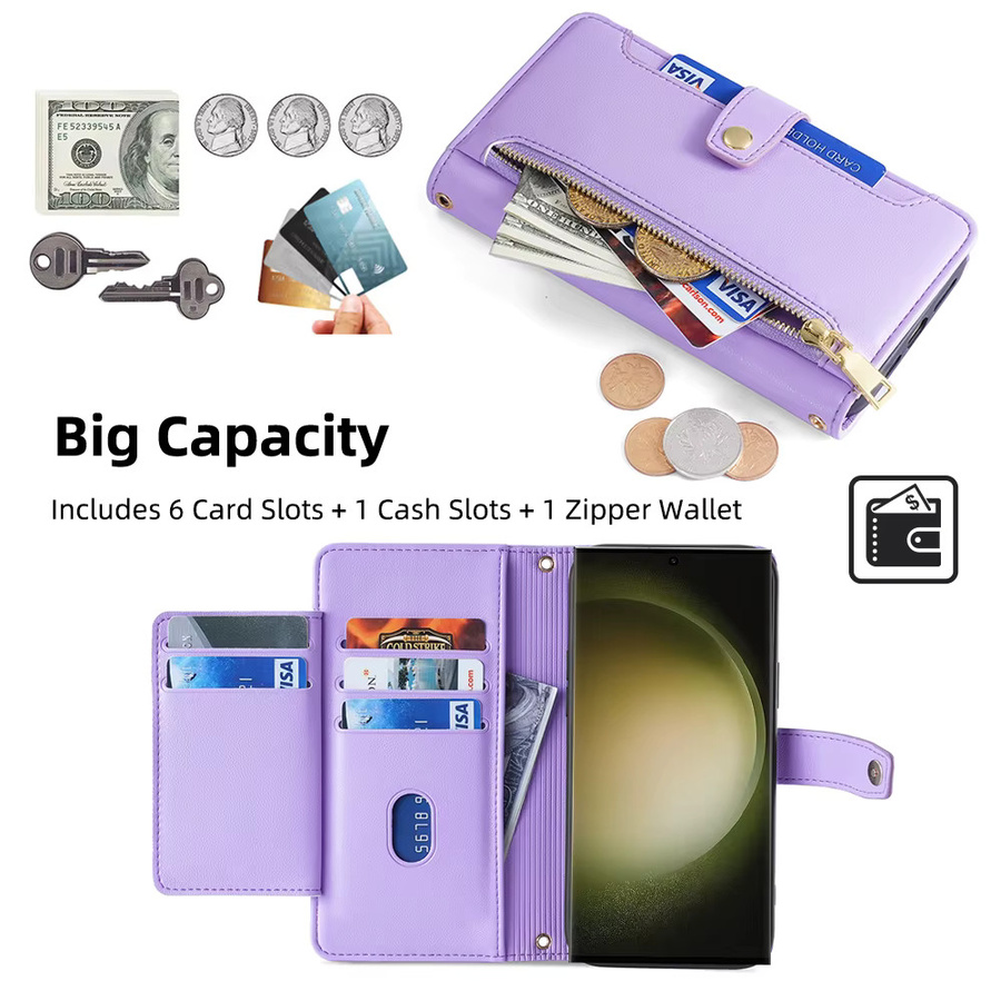 Samsung Wallet Flip Phone Case Umhängetasche mit Lanyard für Galaxy S24 Ultra S24 Plus S23 FE A55 A35 A25 A15 A05S in Schwarz und Lila - Bild 2