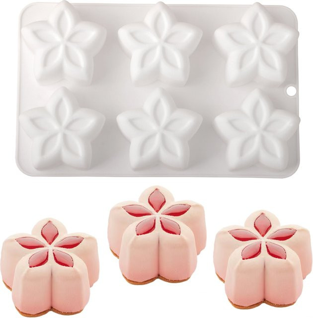 Meibum 6-Hohl-Silikonform in Weiß für Mousse, Schokolade und Desserts mit fünfzackigen Blumen - Bild 1