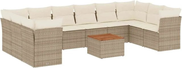 vidaXL 11-teilige Garten-Sofagarnitur in L-Form aus Polyrattan und Akazienholz mit Kissen in Beige-Creme - Bild 1