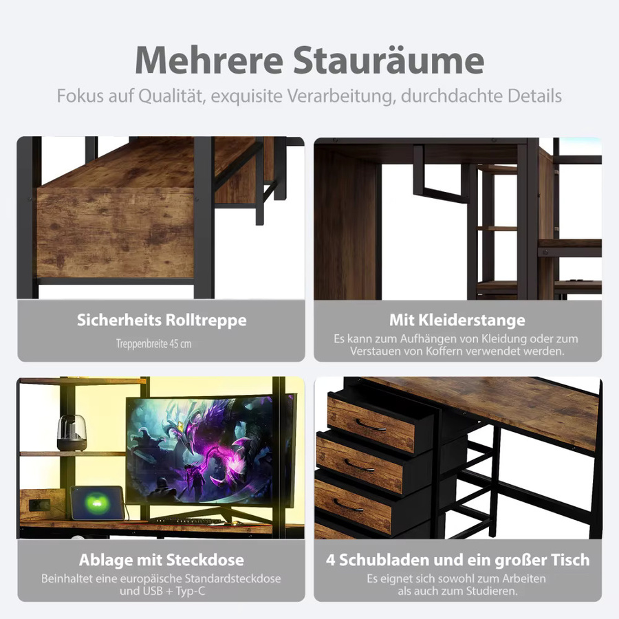Multifunktionales Metall-Hochbett in Schwarz mit integriertem Schreibtisch, Kleiderschrank, Staufächern, LED-Beleuchtung und USB-Steckdose, B/T: 140 x 200 cm - Bild 3