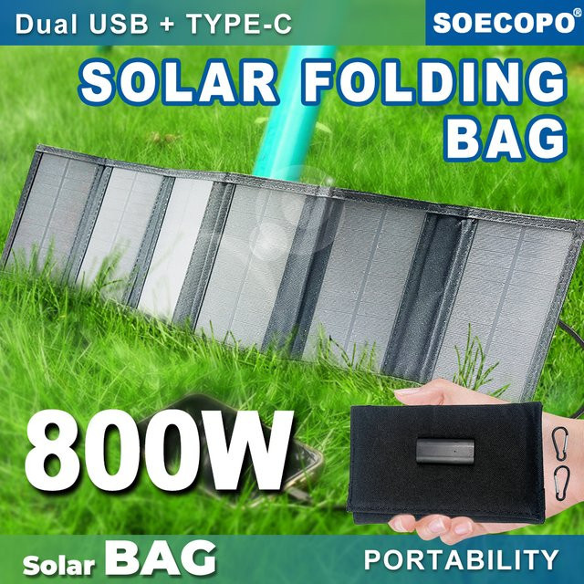 SOECOPO Tragbare 6-fach Camping-Powerbank mit Solarpanel-Tasche und Dual-Interface-Ladefunktion in Schwarz mit USB-A und USB-C Anschlüssen - Bild 1