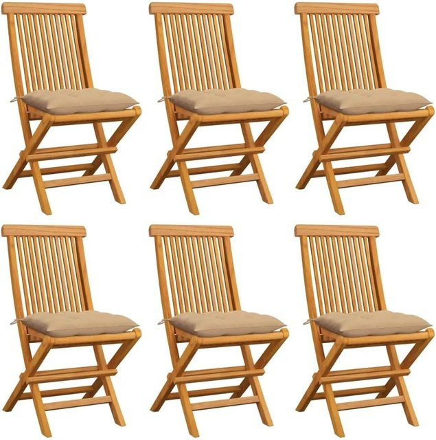 vidaXL Gartenstuhl-Set aus Teak-Massivholz mit beige Kissen, 6 Stück, braun - Bild 1