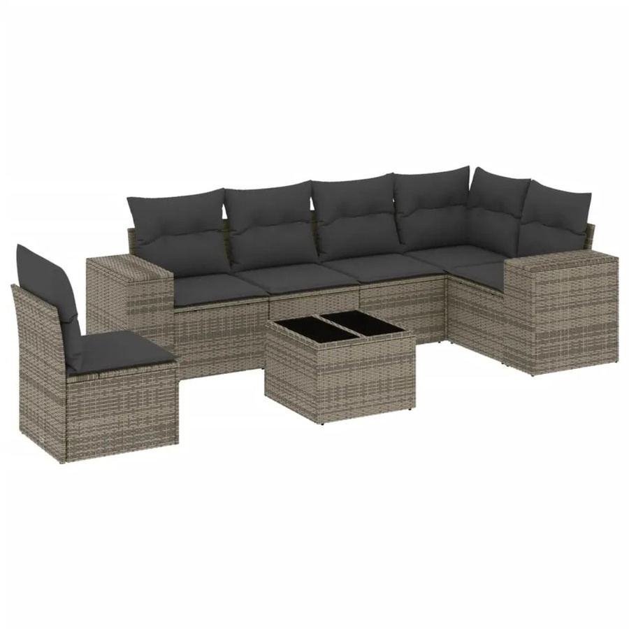 vidaXL 7-tlg. Garten-Sofagarnitur in L-Form aus grauem Poly-Rattan mit Kissen und Armlehnen - Bild 2