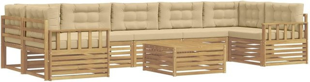 vidaXL Outdoor-Sofagarnitur aus Massivholz Akazie in L-Form, 8-teiliges Set mit Polstern in Weiß und Beige - Bild 1