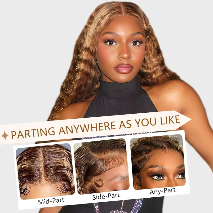 Highlight Ombre Deep Wave Lace Front Perücke aus Echthaar, 26 Zoll, Honigblonde, 200% Dichte, Damen - Bild 5