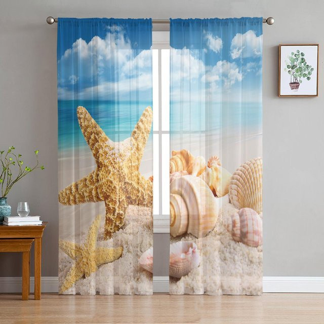 Transparente Tüll-Vorhänge mit Strand-Motiv aus Seesternen und Muscheln in Blau, Breite: 135 cm, Höhe: 137 cm - Bild 1