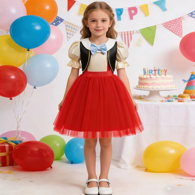 Märchenpuppen-Abenteuer-Kostüm, rote Weste mit Fliege, Kleid für Mädchen, Fantasy, Rot, Plüsch / Textil - Bild 1