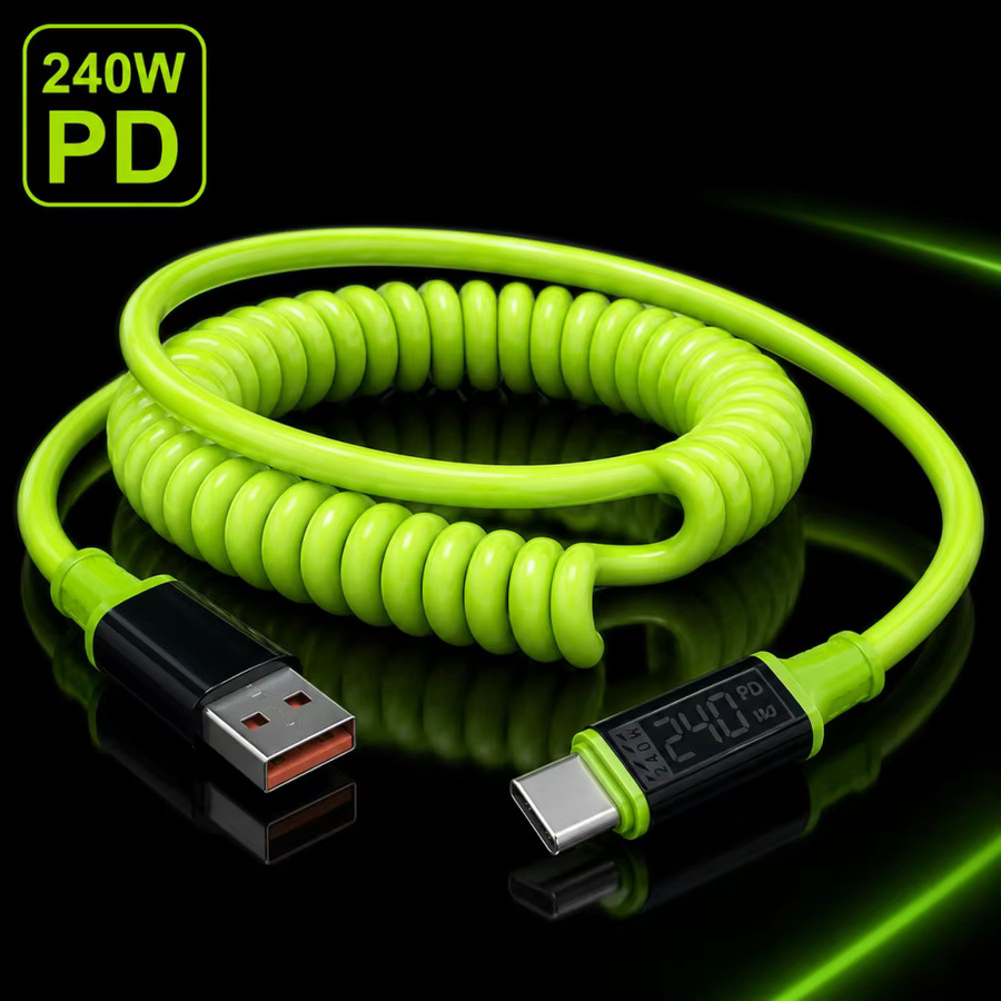 240W Typ-C-auf-Typ-C-Schnellladekabel in Grün, spiralförmiges teleskopisches USB-C-Kabel mit 6A für Xiaomi, iPhone und Samsung - Bild 2