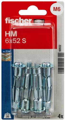 Fischer HM 6 x 52 S K NV Hohlraumdübel aus Metall in Silber für Gipskartonplatten, 4 Stück - Bild 1